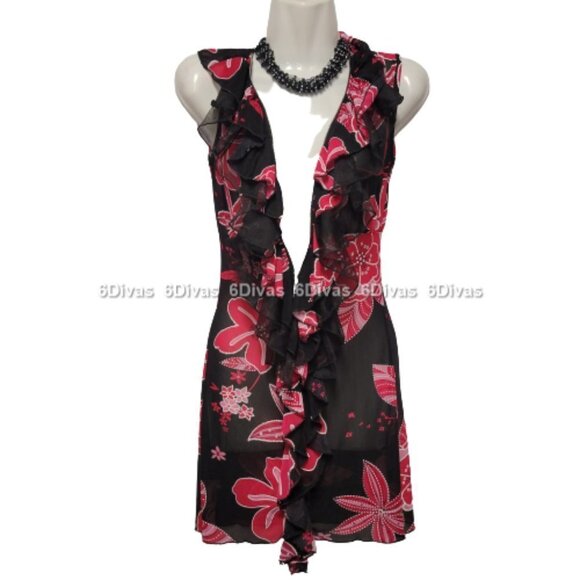 Sheer See Through Red and Black Ruffle Frilly Sleeveless Mini Dress - Picture 3 of 14